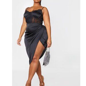 Plus Black Lace Insert Cup Detail Ruched Side Midi Dress
